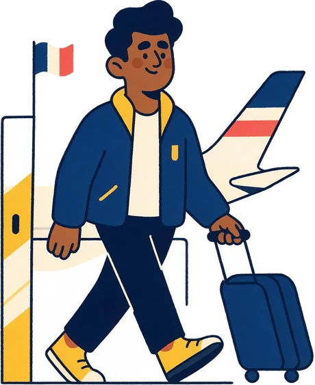 Student arriving in France with a suitcase