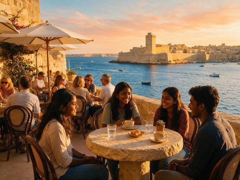 Students at a Valletta harbour cafe