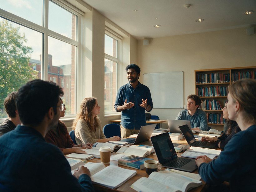 South Indian student speaking in a UK university seminar